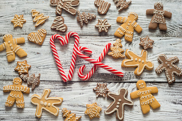 christmas cookie and candy on wood, food top view
