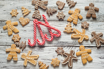 christmas cookie and candy on wood, food top view