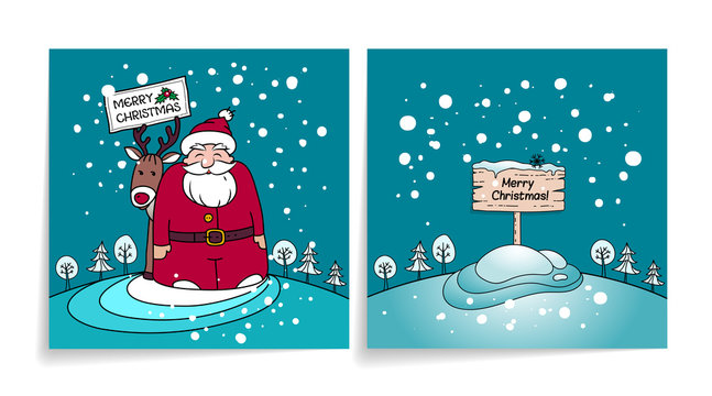Merry Christmas card with Santa Claus. Cover and back of holiday card. Snowy winter background.Santa, gifts and reindeer