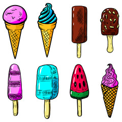 Set of ice cream illustrations. Design elements for poster, card, emblem, sign. Vector illustration