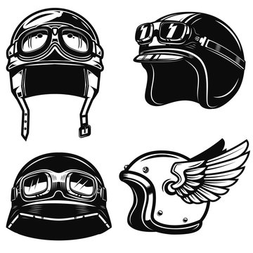 Set of racer helmets on white background. Design element for poster, emblem, sign. Vector illustration