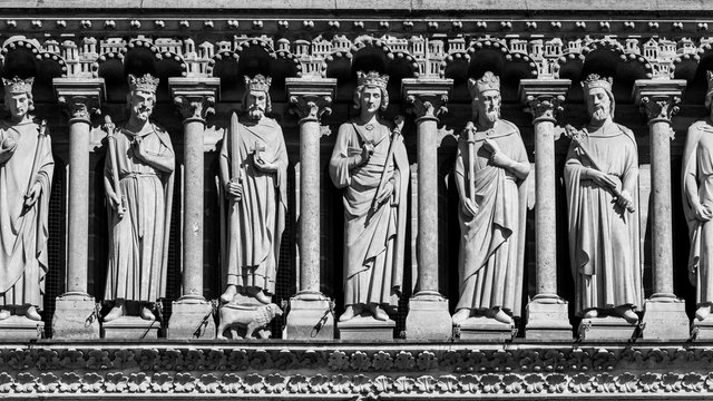 Fototapeta Notre Dame de Paris Cathedral: Architectural details in black and white. Paris, France