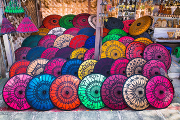 Colorful Umbrellas On Street Market In Bagan, Myanmar.