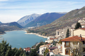 The hamlet of Villetta Barrea that overlooks the namesake lake, at the foot of Mattone Mount, in the National Park of Abruzzo.