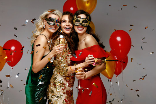 New Year Celebration. Beautiful Girls In Dresses At Party