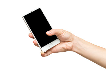 Mockup of female hand holding frameless cell phone with black screen isolated at white background.