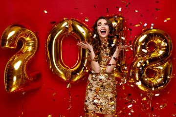 New Year. Woman With Balloons Celebrating New Year 2018