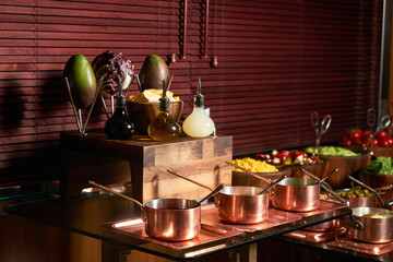Set of three saucepan with vegetarian healthy soups