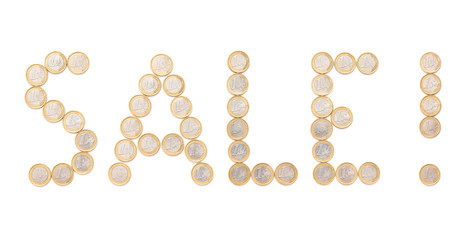 sale word written with coins, the message is on white background