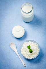 Dairy products on light blue background. Top view, copy space.