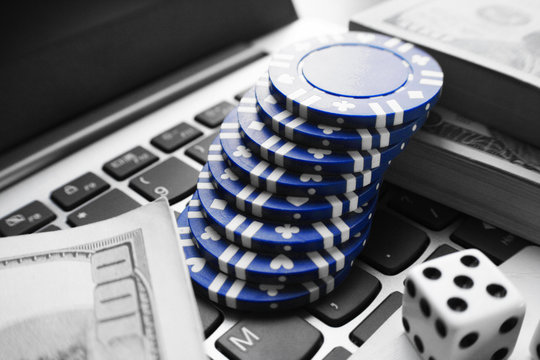 Online Poker With Blue Poker Chips With Black & White Background