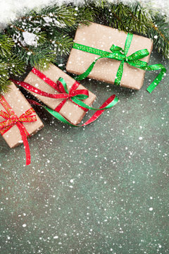 Christmas gift boxes and snow tree