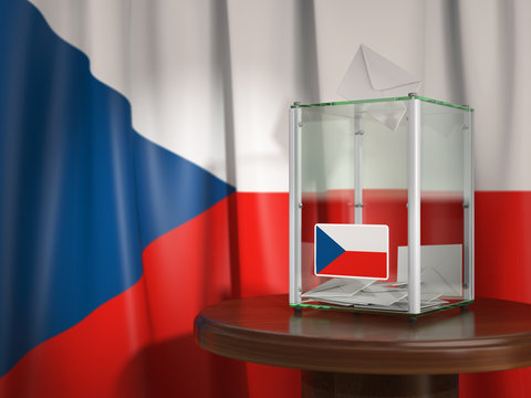 Ballot box with flag of Czech republic and voting papers. Czech presidential or parliamentary election.