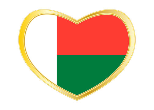 Flag of Madagascar in heart shape, golden frame