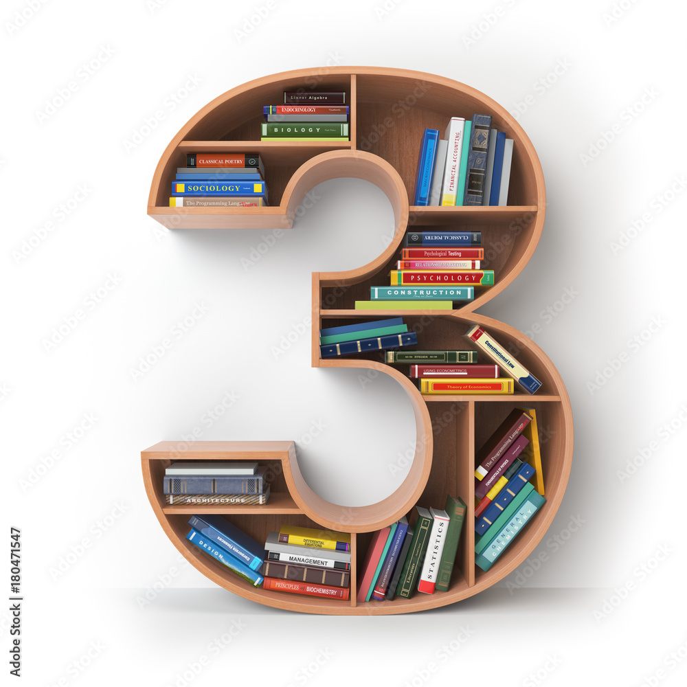 Poster number 3 three. alphabet in the form of shelves with books isolated on white.