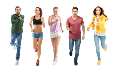 Group of running people on white background