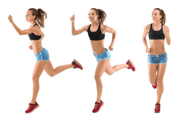 Collage with running woman on white background