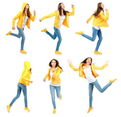 Fototapeta premium Collage with running woman on white background