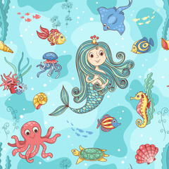 Seamless pattern with mermaid princess