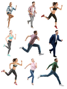 Collage with running people on white background