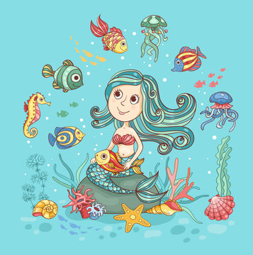 Children illustration with mermaid