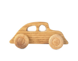 Wooden toy car on white background