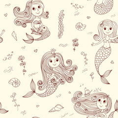 Doodle mermaids seamless pattern brown