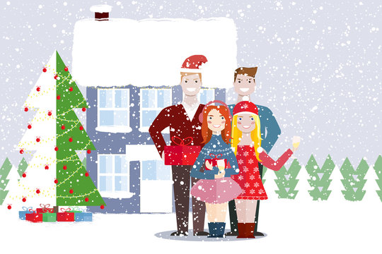 Young people friends outdoors on  background of house and christmas tree. People hold in  hands boxes of  gifts and glasses of champagne. Snowfall. Vector illustration.