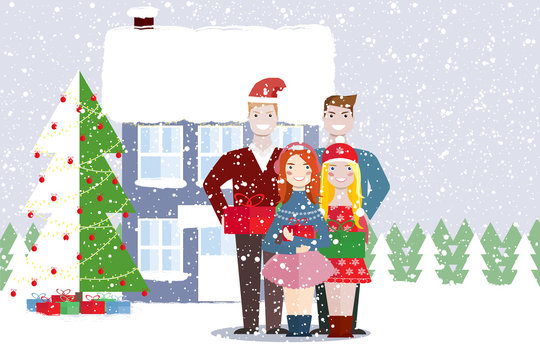 Young people friends outdoors on  background of house and christmas tree. People are holding boxes with gifts. Snowfall. Vector illustration.