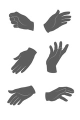 Obraz premium A set of 6 hands of a man in a gray glove. Silhouette. Vector, isolated on white background