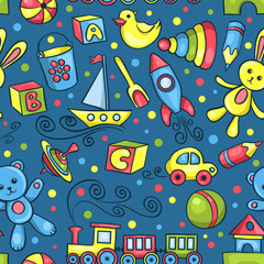 Cute hand-drawn vector seamless pattern with toys blue