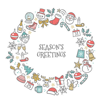 Christmas greeting card. Hand drawn isolated elements creating a circle around "Season's Greetings" text. Vector illustration.