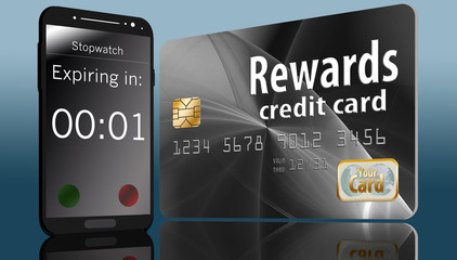 Credit card rewards expired. That is the theme of this illustration of a rewards card and a stopwatch.