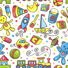 Cute hand-drawn seamless pattern with toys