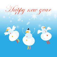 Fototapeta na wymiar Christmas card with snowmen and snowflakes