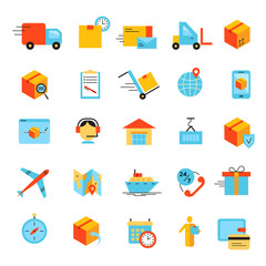 Delivery app modern flat icons set. Vector logistics bright symbols collection.