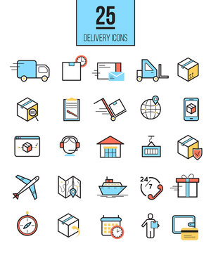 Delivery app modern linear icons set. Vector logistics line style symbols collection.