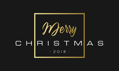 Merry Christmas phrase in frame. Luxury black and golden color background. Premium vector illustration with typographic text for winter holidays card poster, flyer or banner template