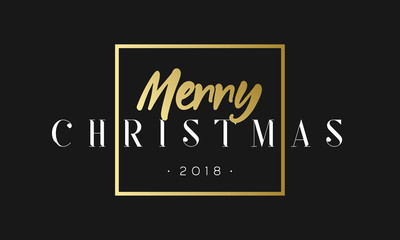 Fototapeta na wymiar Merry Christmas phrase in frame. Luxury black and golden color background. Premium vector illustration with typographic text for winter holidays card poster, flyer or banner template