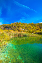 Fototapeta na wymiar Beautiful landscape nature, surface of water on Plitvice Lakes National Park in Croatia in autumn 