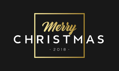 Merry Christmas phrase in frame. Luxury black and golden color background. Premium vector illustration with typographic text for winter holidays card poster, flyer or banner template