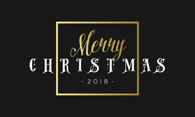 Merry Christmas phrase in frame. Luxury black and golden color background. Premium vector illustration with typographic text for winter holidays card poster, flyer or banner template