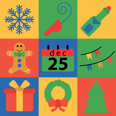 Christmas decoration icons, greeting card. Winter holidays. Vector Illustration EPS10