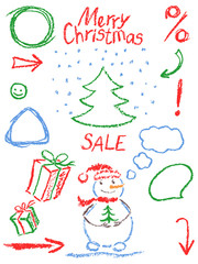 Crayon christmas new year sale symbols like child's drawing funny doodle design element. Cartoon sketch style vector set. Pencil or chalk Like kids hand drawn snowman, tree, gift box, frame, bubble