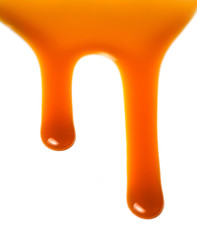 Flowing caramel sauce isolated on white background. Golden Butterscotch toffee caramel liquid .