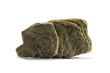 Stone with a layered structure on a white background.