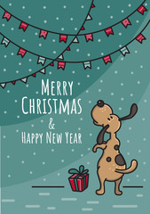 Christmas and New Year hand drawn doodle vector illustration with dog