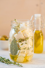 Feta cheese with olive oil and herbs