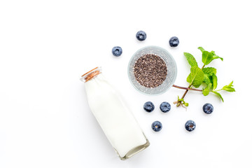 Eat chia seeds for breakfast with yogurt, blueberry and mint. White background top view copyspace
