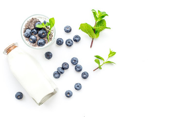 Eat chia seeds for breakfast with yogurt, blueberry and mint. White background top view copyspace